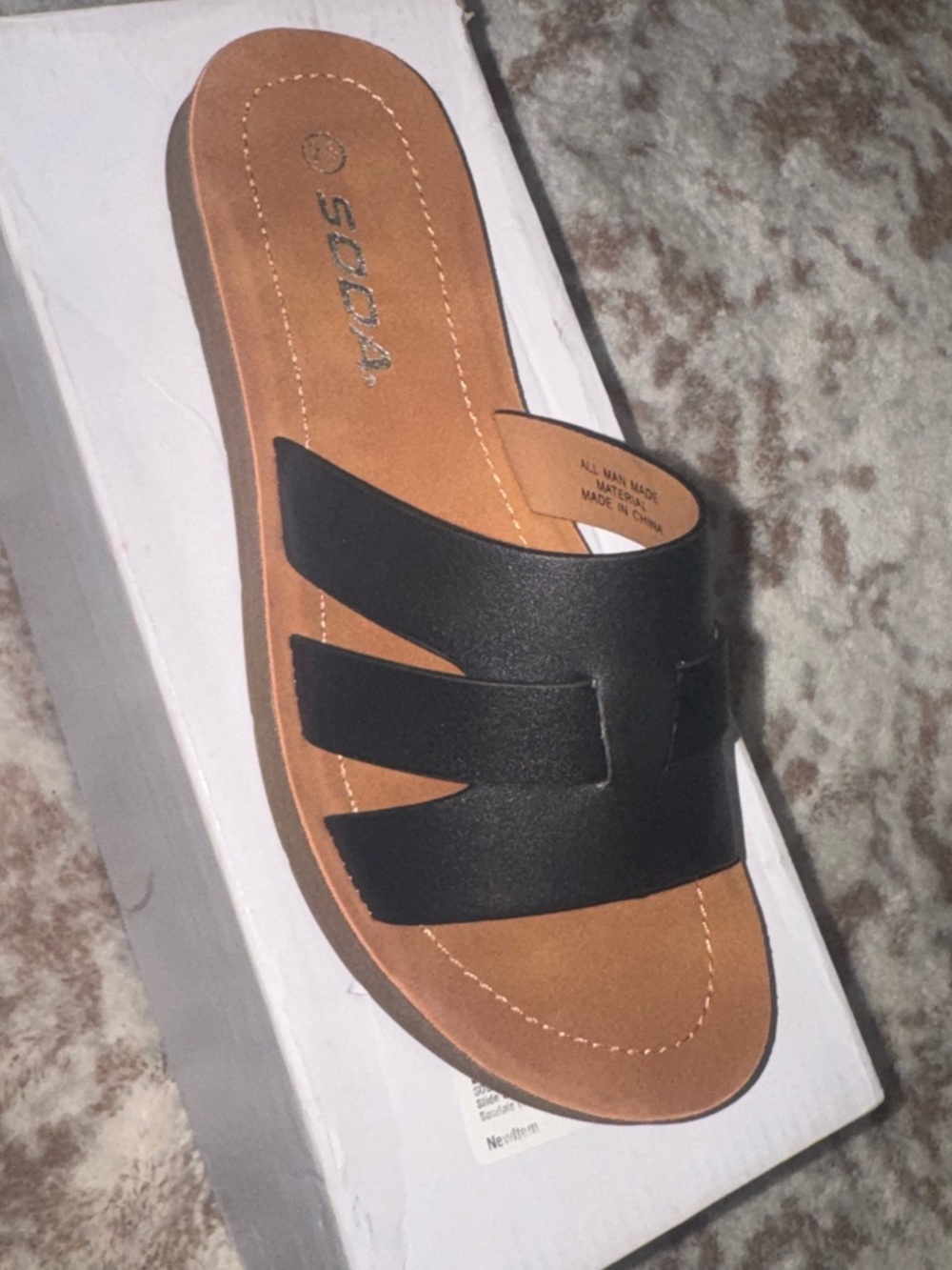 Soda Black and Tan Strappy Slide Sandals